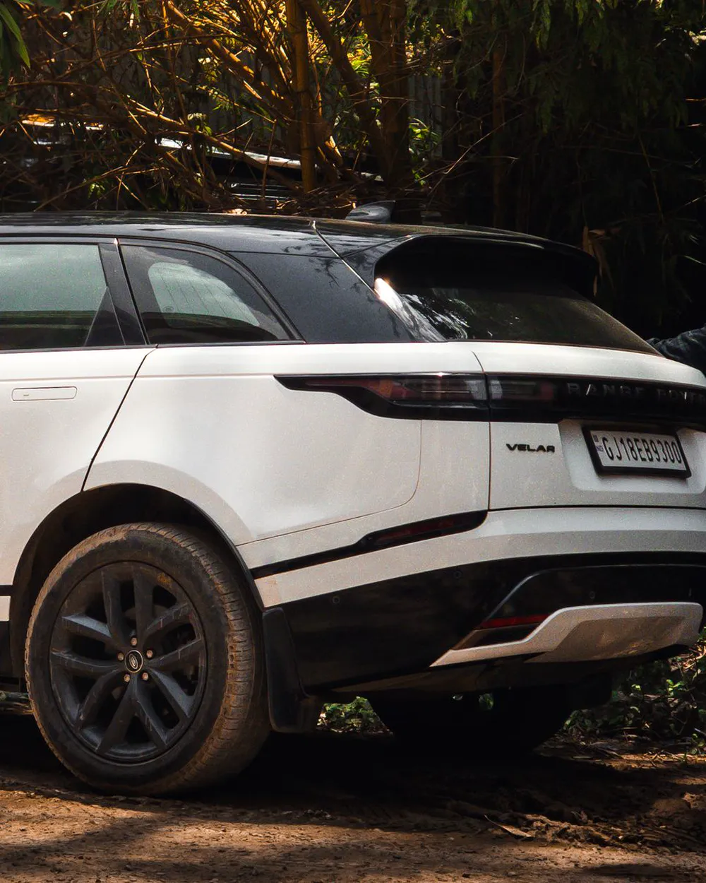 The rear of a white Range Rover Velar parked on a dirt track among trees