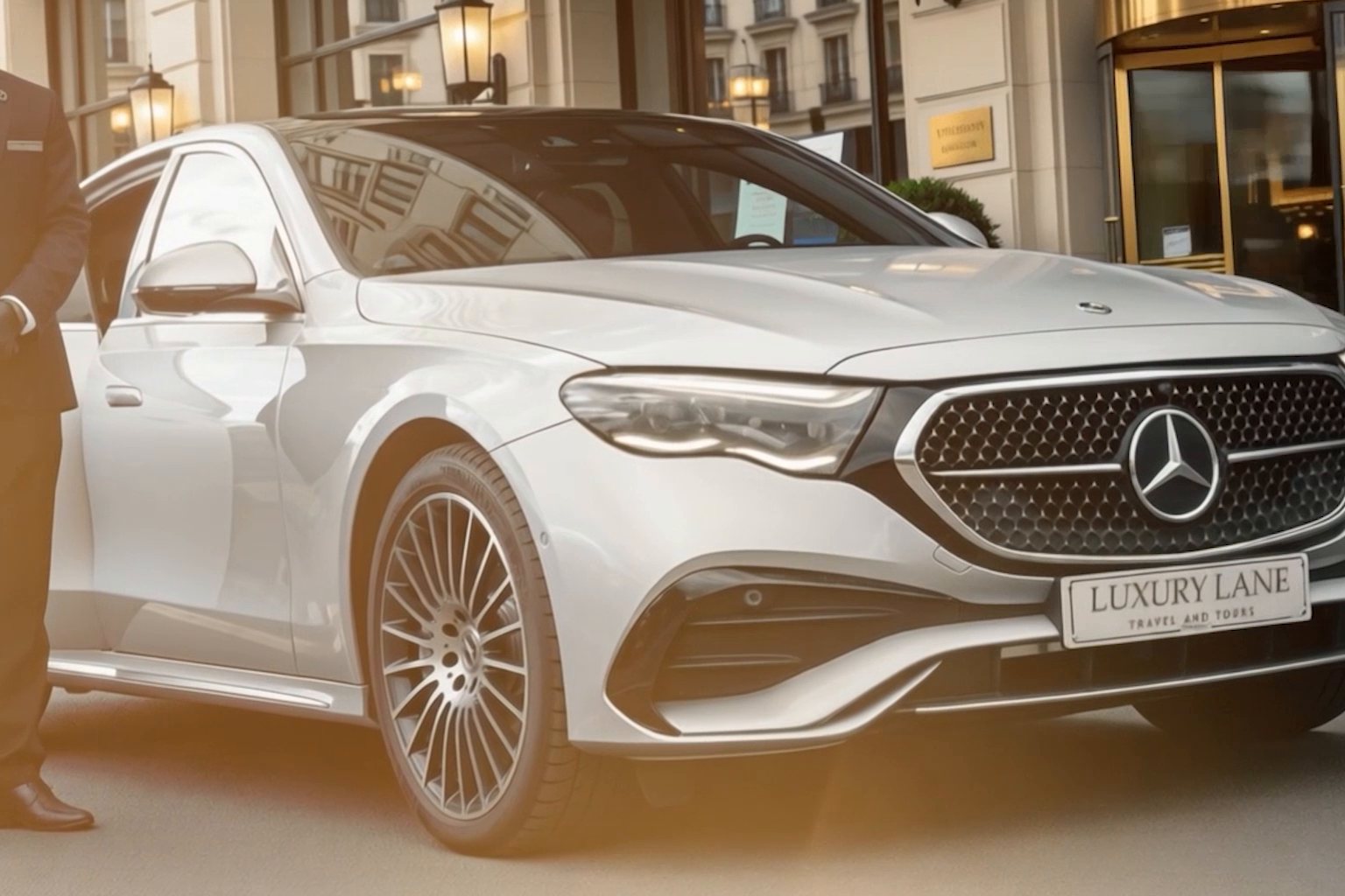 A silver Mercedes-Benz with a Luxury Lane plate at a hotel entrance, its chauffeur standing beside it